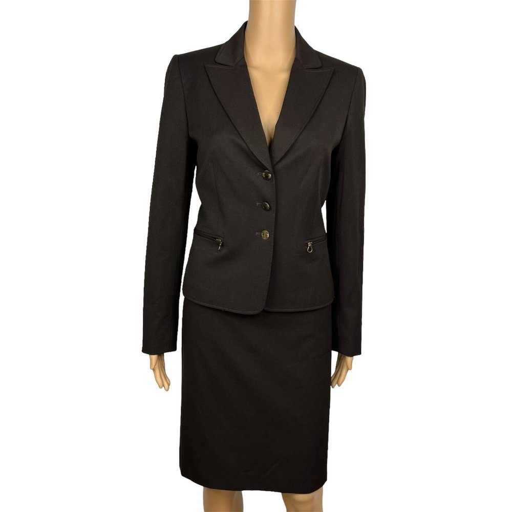 TAHARI ASL 2PC Brown Polyester Viscose Spandex Lined Career Skirt Suit Set